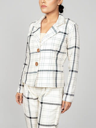 Plaid Fitted Blazer Ivory White Indu