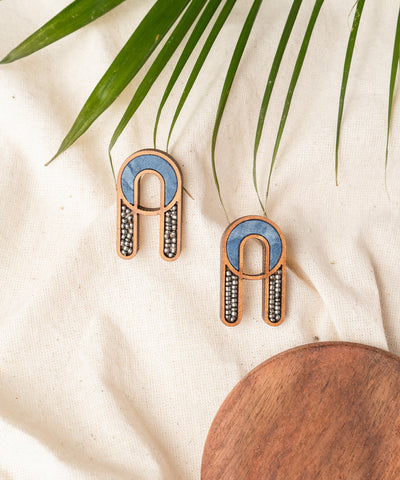Blue Repurposed Fabric and Wood Earring