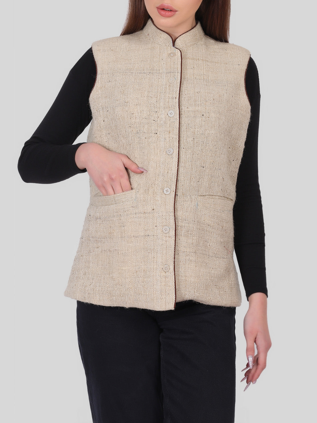 Handloom Woolen Ladies Coat Sleeveless - Tribes India