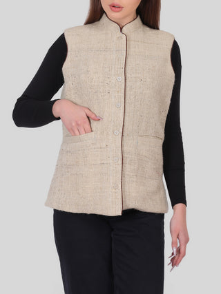 Sleeveless Jacket in Gaddi Wool Beige Indigo Amour