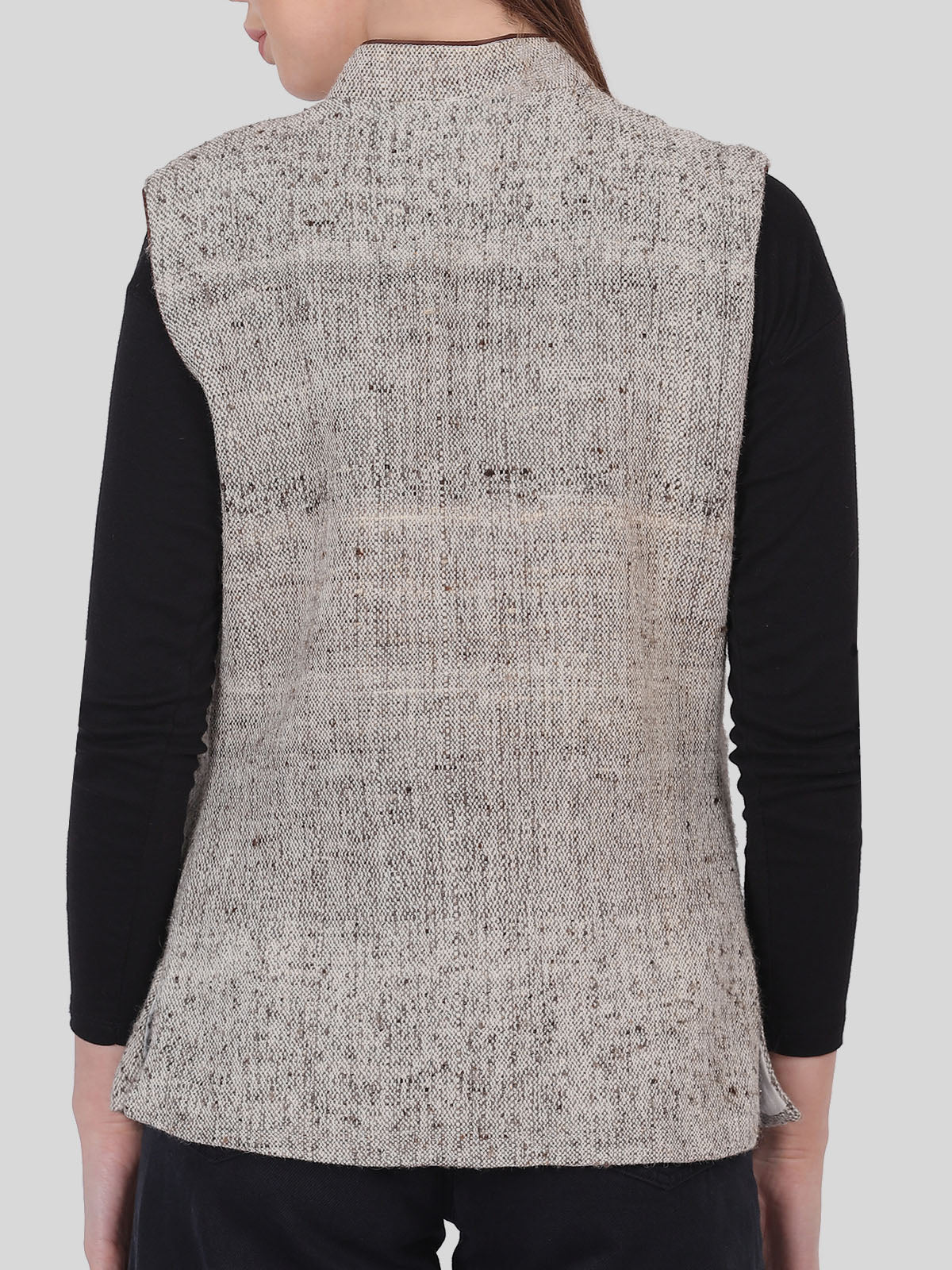 Front Open Embroidered Woolen Sleeveless Jacket with Pocket