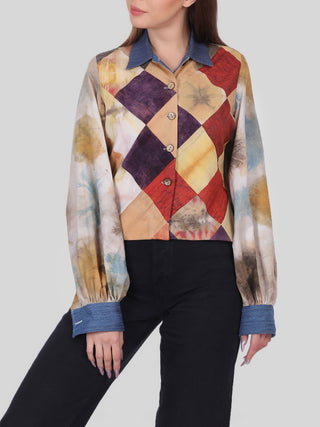 Harlequin Patchwork Jacket With Balloon Sleeves Multicolor Indigo Amour