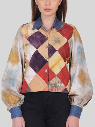 Harlequin Patchwork Jacket With Balloon Sleeves Multicolor Indigo Amour