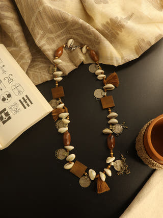 Tribal Shell Wood And Repurposed Coin Necklace Whe