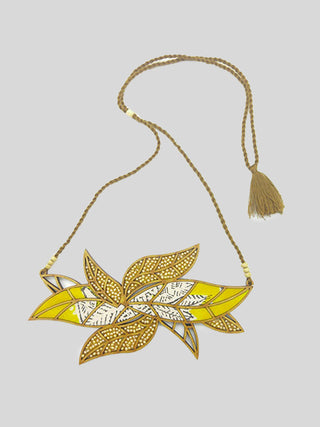 Bloom Leaf Motif Repurposed Fabric and Wood Yellow Necklace Whe