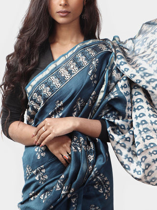 MALHAR Handloom Silk Cotton Saree Indigo Kaisori