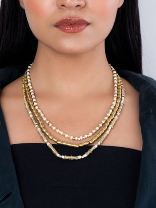 Brass Dokra Charms Multi Layered Necklace - White Miharu