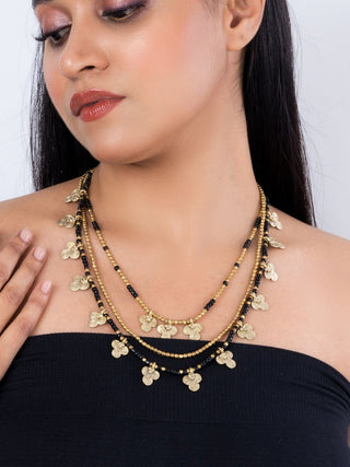 Miharu Floral Dokra Charms Multi Layered Necklace - Black Miharu