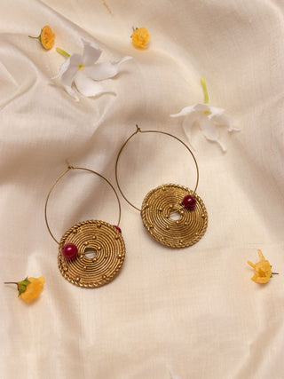 Miharu Gold and Red Circle Brass Dangling Earring - Golden Miharu