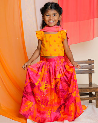Palash Lehenga Set With Embroidered Dupatta Pink & Yellow Miko Lolo