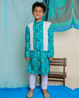 Nilmohar Kurta With Juui Jacket And Churidaar Set Blue & White Miko Lolo