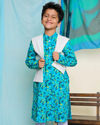 Nilmohar Kurta With Juui Jacket And Churidaar Set Blue & White Miko Lolo