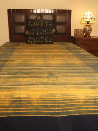 Cotton Shibori Bed Cover Irregular Lines Indigo and Yellow Mura Collective