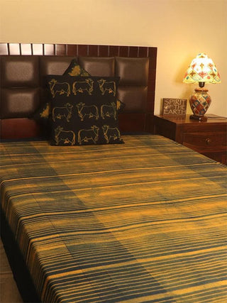 Cotton Shibori Bed Cover Irregular Lines Indigo and Orange Mura Collective
