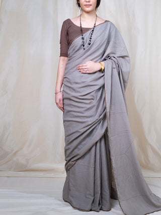 Grey handwoven blockprinted mulmul saree Kasia