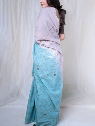 Blue - Pink handwoven blockprinted mulmul saree Parijat