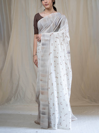 White - Grey handwoven blockprinted mulmul saree Kasia