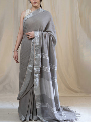 Grey handwoven zari linen saree Kasia