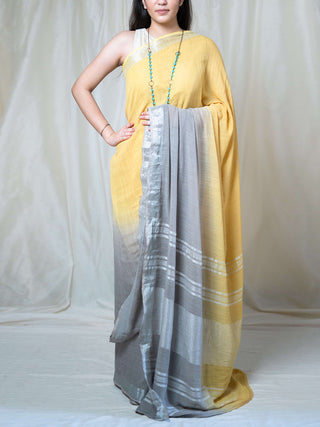 Grey-yellow handwoven zari linen saree Kasia