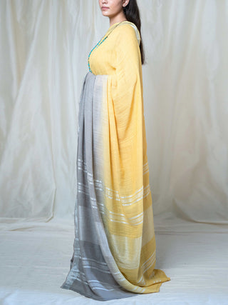 Grey-yellow handwoven zari linen saree Kasia