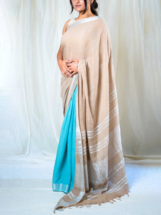 Blue - Brown handwoven zari linen saree Kasia