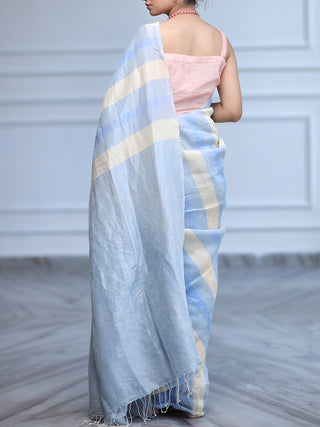 Blue Striped Handwoven Linen Zari Saree Flourish