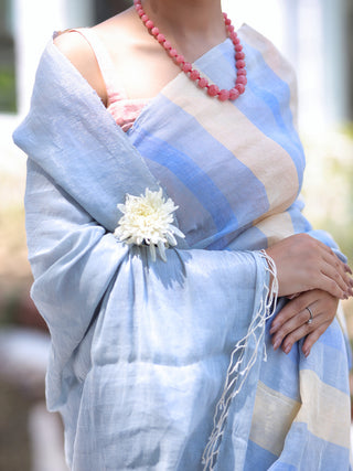 Blue Striped Handwoven Linen Zari Saree Flourish