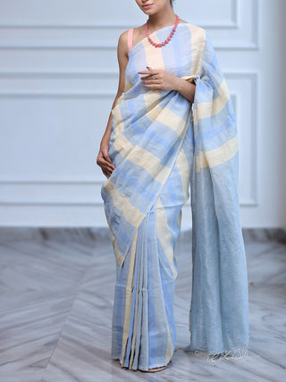Blue Striped Handwoven Linen Zari Saree KASIA