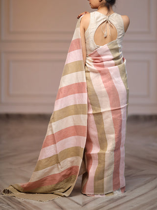 Multicolor Striped Handwoven Linen Zari Saree Flourish