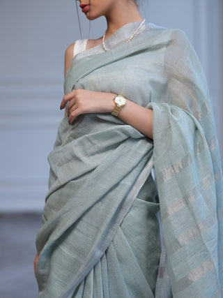 Mint Blue Handwoven Linen Zari Saree Flourish