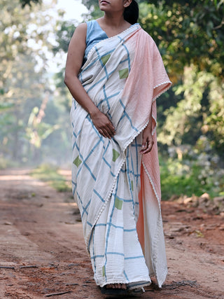 Off-White Peach Khadi Cotton Block Printed Saree Kasia