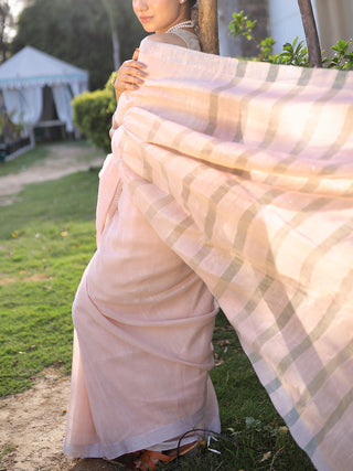 Summer Pink Handwoven Linen Zari Saree Flourish