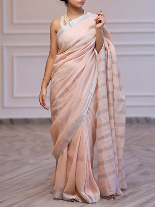 Summer Pink Handwoven Linen Zari Saree Flourish