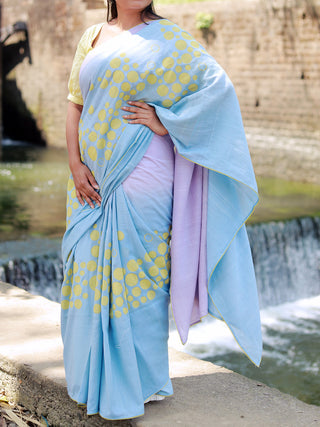 Blue-Mauve Khadi Cotton Block Printed Saree Kasia