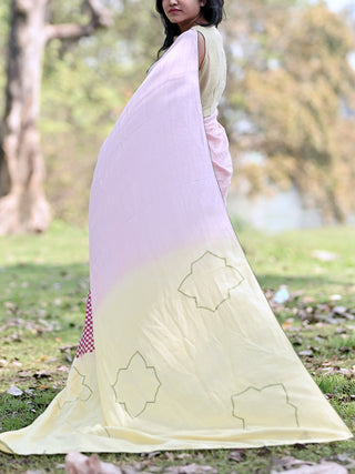 Pink Yellow Khadi Cotton Block Printed Saree Kasia
