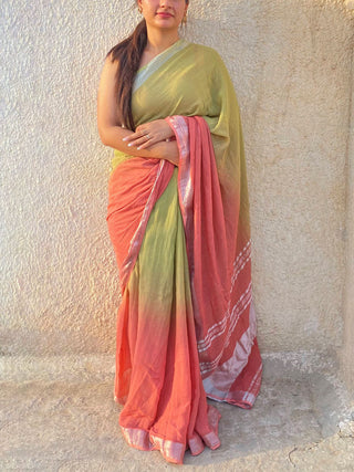 Peach - Green handwoven zari linen saree Kasia