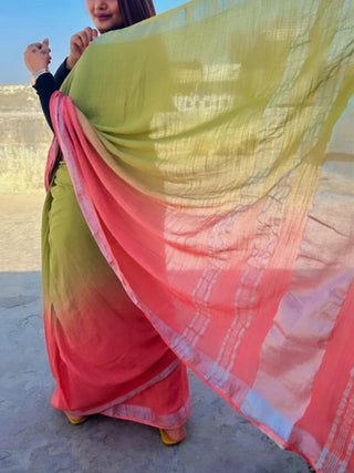 Peach - Green handwoven zari linen saree Kasia