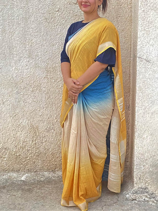 Yellow - Blue ombre handwoven zari linen saree Kasia