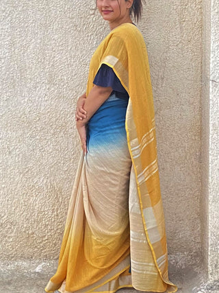 Yellow - Blue ombre handwoven zari linen saree Kasia