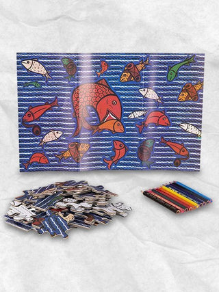 Handmade DIY Jigsaw Colouring Kit (Patua Painting of West Bengal) for Young Artists 5 Years + Potli