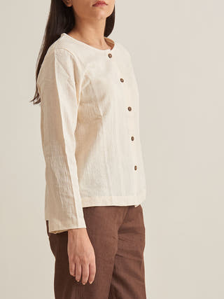 Collarless textured shirt-Off White Patrah