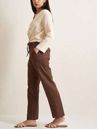  Straight Fit Linen Pant Brown by Patrah sold by Flourish