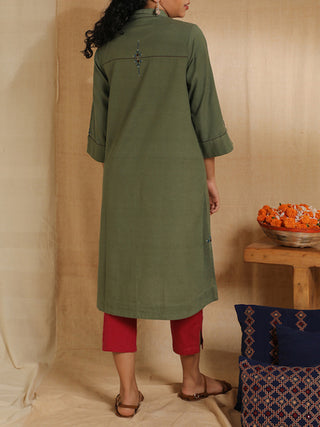 Naman Solid Hand Embroidered Dress Green Rangsutra