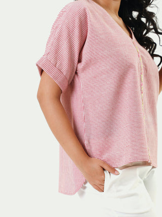 Striped Hand Embroidered Top Pink Rangsutra