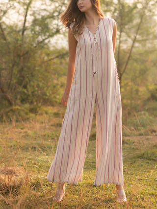 Stripes Jumpsuit Rosewood Off White - Kala Cotton Jumpsuit for women in Off-White color