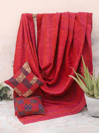  Hand Embroidered Gudri Bedcover Red by Sadhna sold by Flourish
