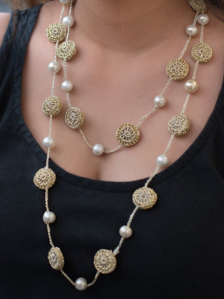 Handmade Nakshatra Pearl & Coins Necklace Metallic Gold Samoolam
