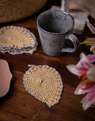 Samoolam Handmade Crochet Ziba Leaf Coasters  ~  Silver Beige Samoolam