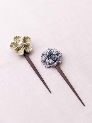 Handmade Crochet Hairstick Silver & Gold Metallic Flowers Pair Samoolam