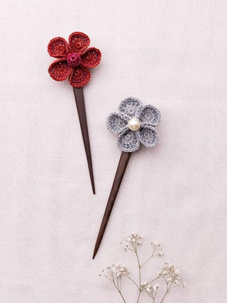 Handmade Crochet Hairstick Red & Silver Flowers Pair Samoolam